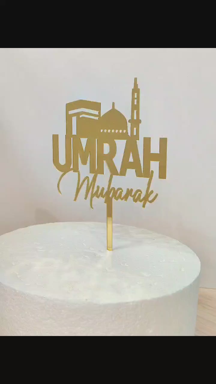 Cake topper Umrah Mubarak acrylique or miroir pour gâteaux